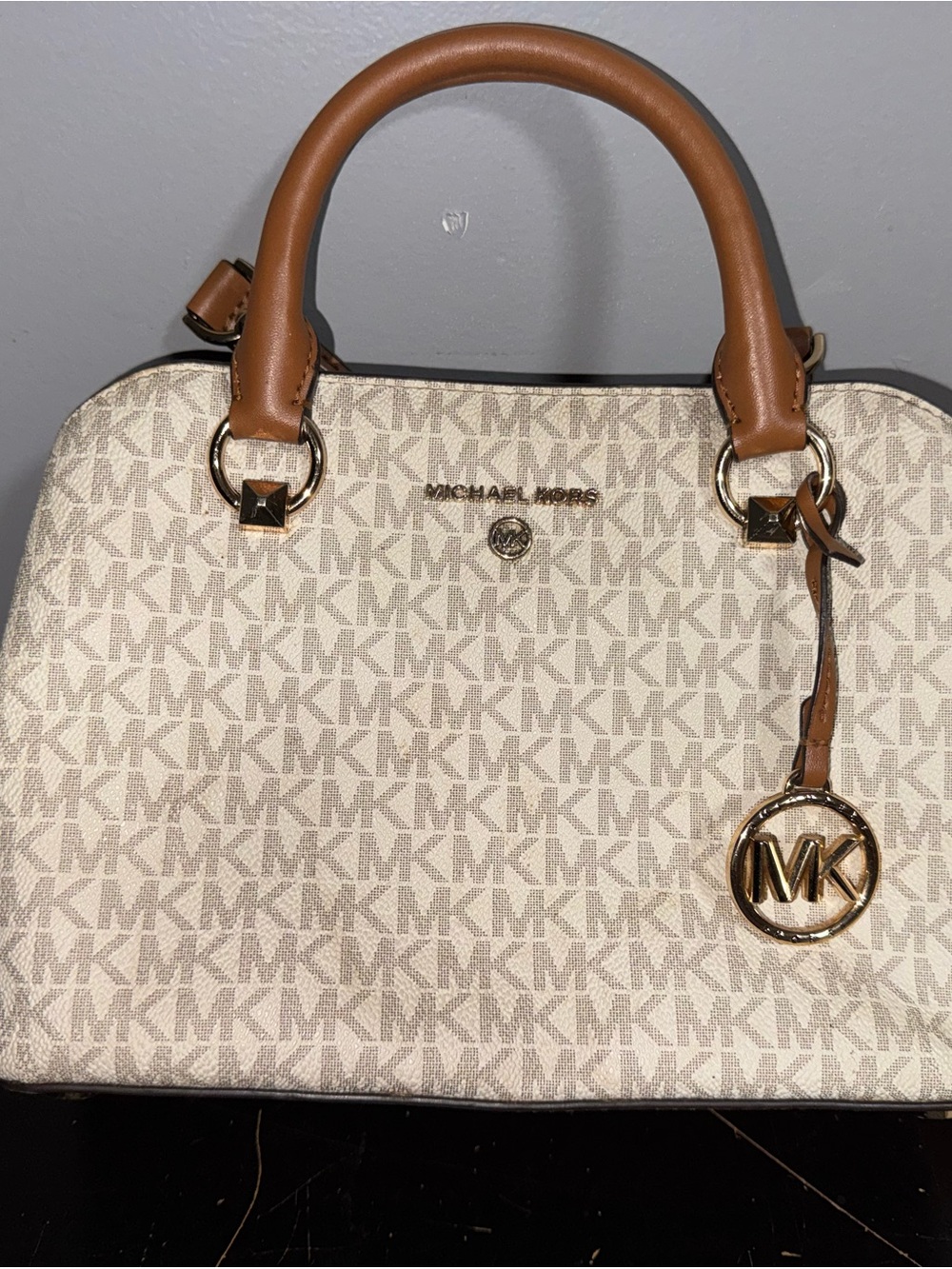 Michael Kors Cream Beige MK Signature Satchel with Brown Handles